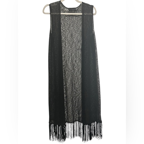 Travel Elements Black Sheer Knit Duster Vest Fringe Hem Boho Open Front L - Picture 2 of 4